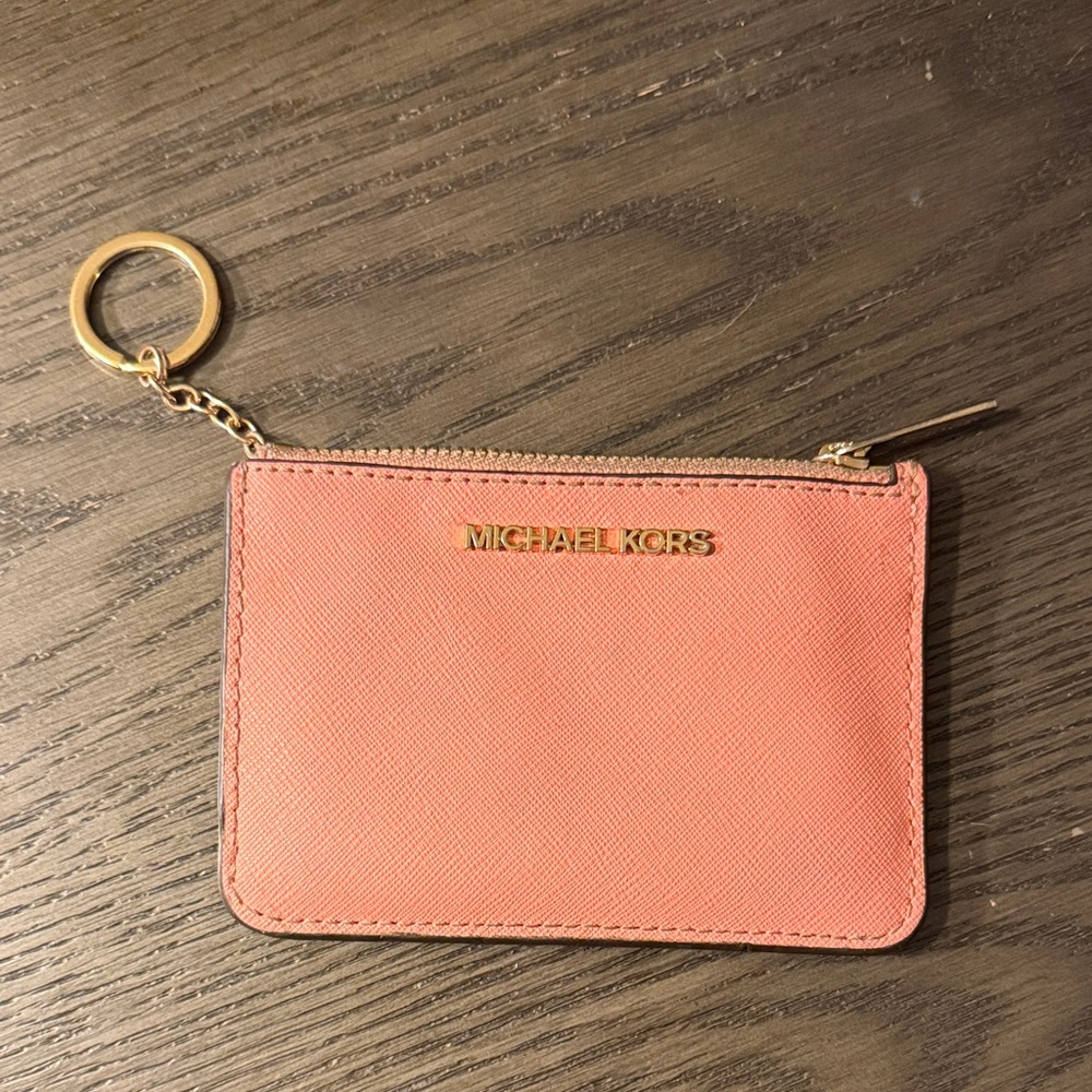 Michael Kors Coral-Peach Pink Leather Zip Card Pouch Wallet with Keyring